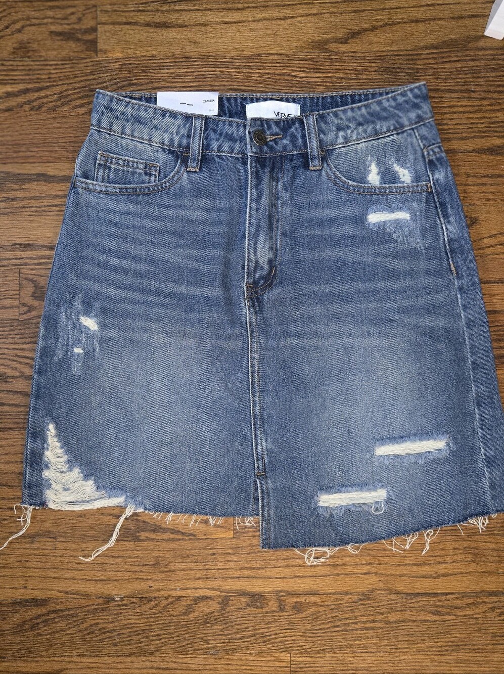 Washed Blue Distressed Denim Asymmetrical Mini Skirt - Women